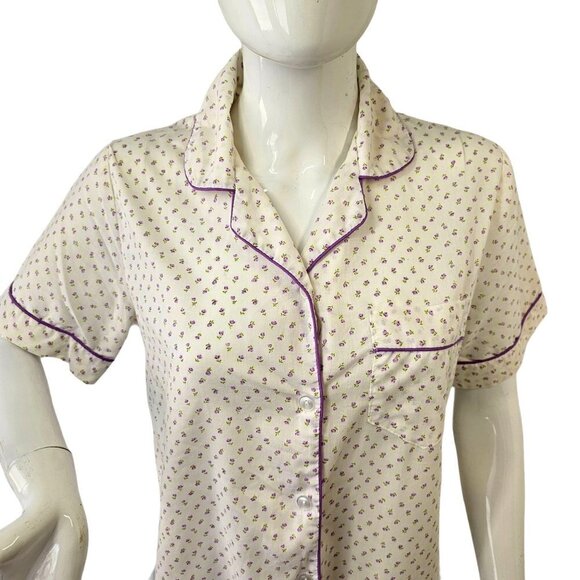 60s Damea Sleep Shirt White Purple Ditsy Floral Short Sleeve Button Up Womens 34 - Picture 1 of 10